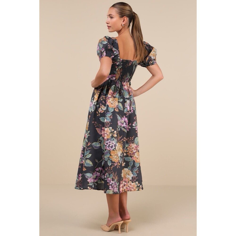 Lulu’s Adorable Tendencies Dark Grey Floral Puff Sleeve Midi Dress Small NWT - Picture 4 of 7